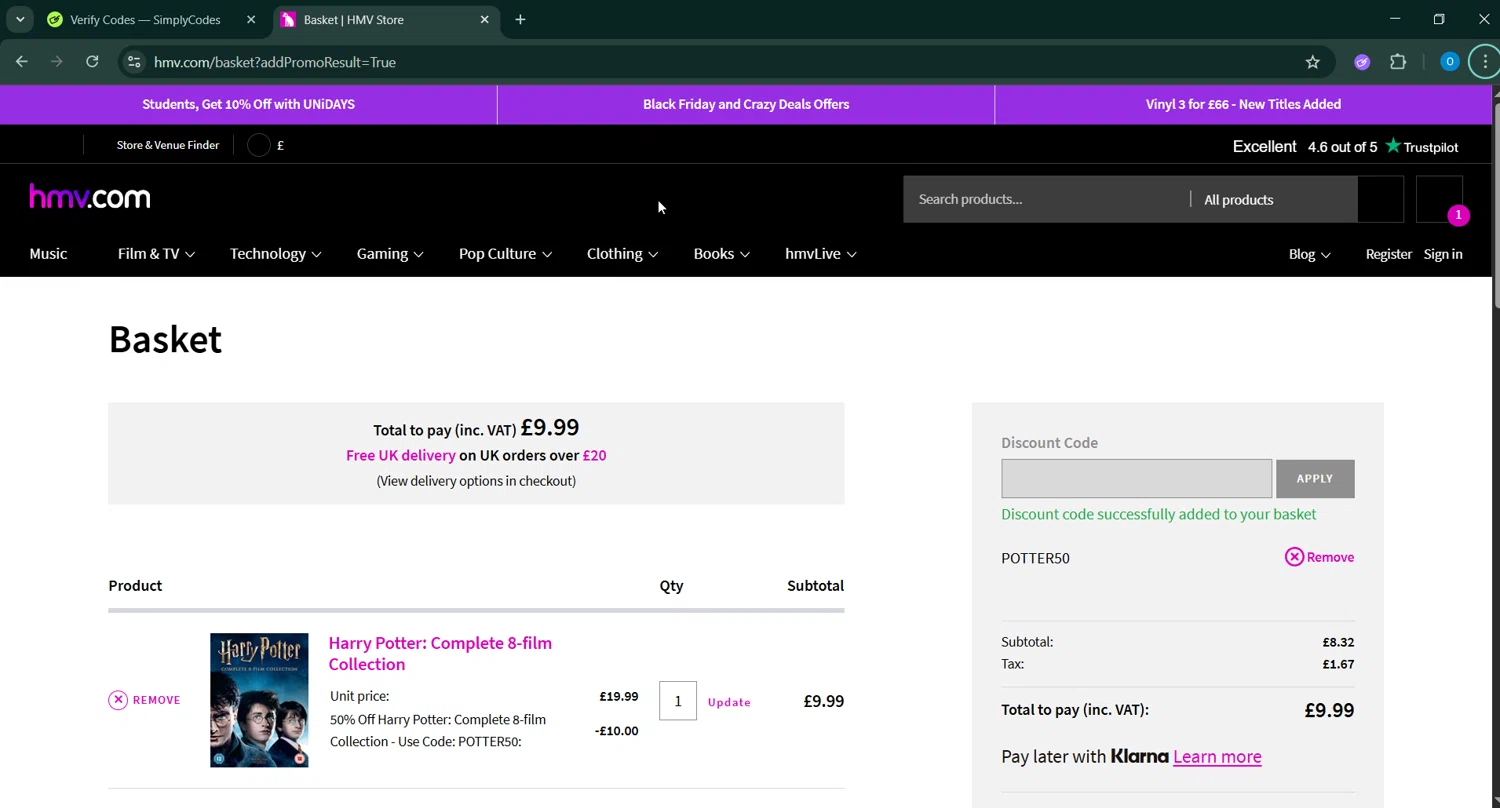 HMV checkout page showing HMV discount code box | Screenshot taken by SimplyCodes community member on Nov 26, 2025