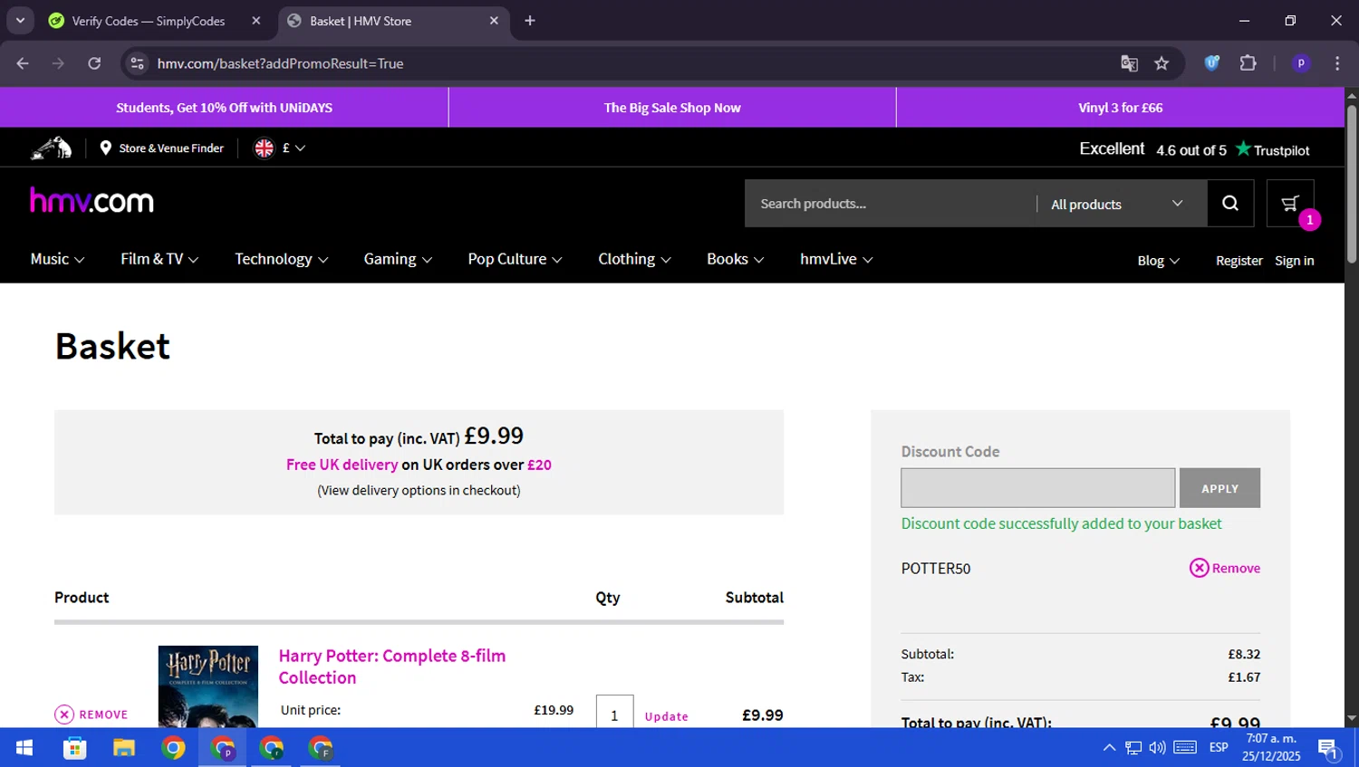 HMV checkout page showing HMV discount code box | Screenshot taken by SimplyCodes community member on Dec 25, 2025