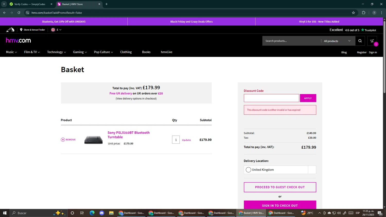 HMV discount code screenshot showing code HBDGF30 applied at HMV checkout page. Uploaded by SimplyCodes community member Makemusic on Nov 27, 2025