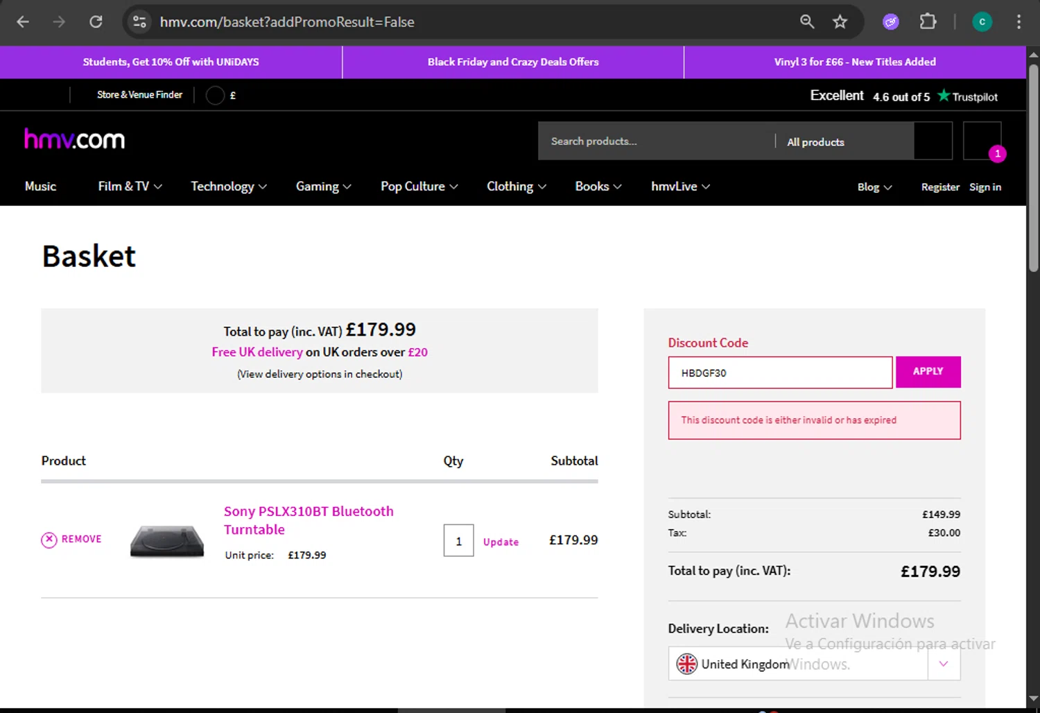 HMV discount code screenshot showing code HBDGF30 applied at HMV checkout page. Uploaded by SimplyCodes community member WiseMonarch3906 on Nov 27, 2025