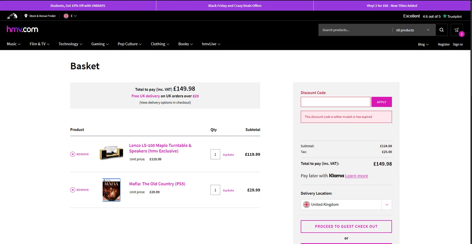 HMV discount code screenshot showing code HBDGF30 applied at HMV checkout page. Uploaded by SimplyCodes community member brrrrr on Nov 27, 2025