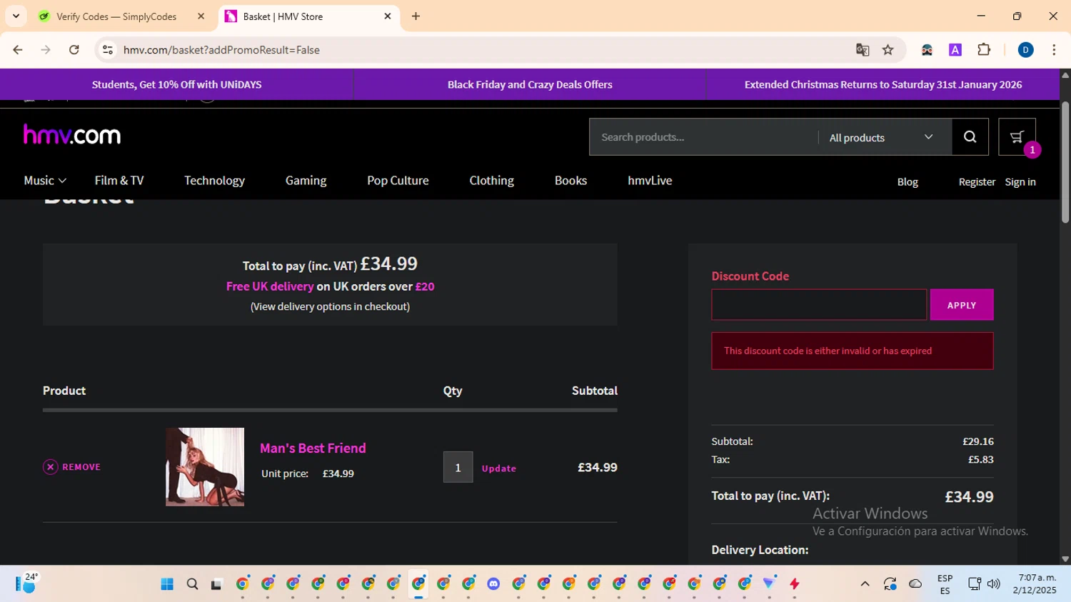 HMV discount code screenshot showing code HIIIDEF20 applied at HMV checkout page. Uploaded by SimplyCodes community member DealVoyager8768 on Dec 2, 2025