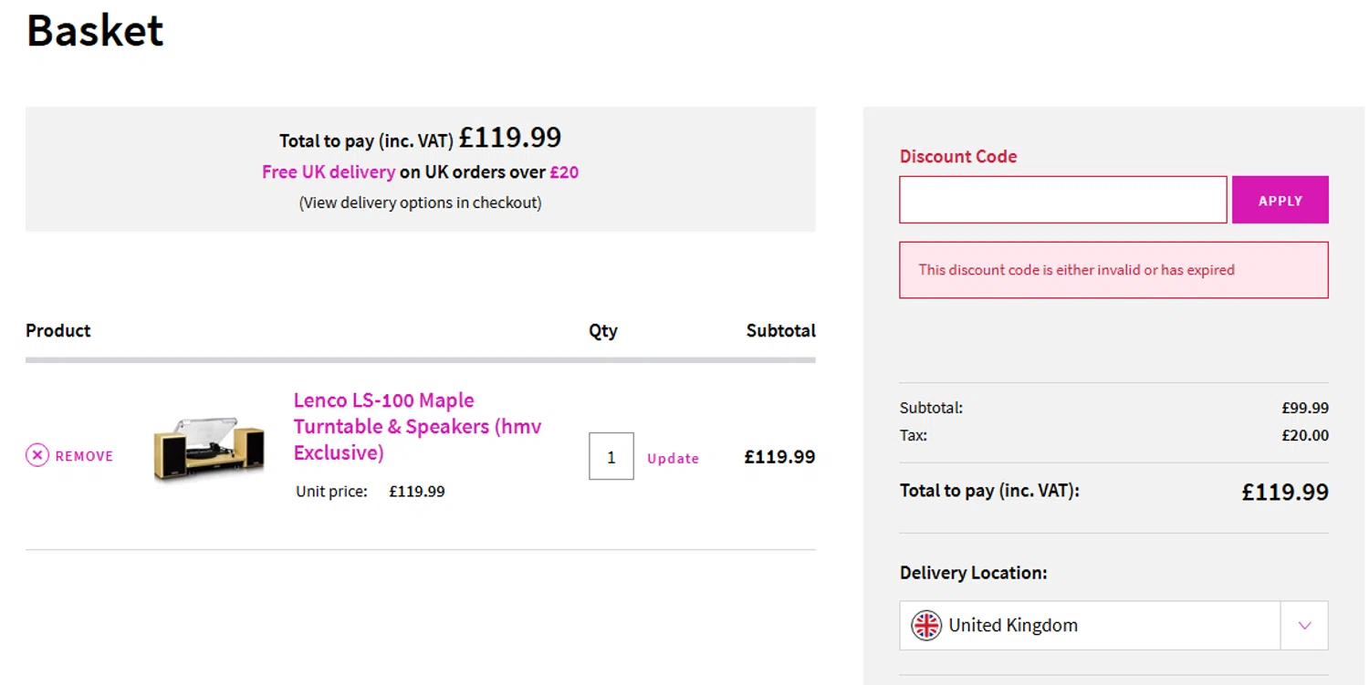 HMV discount code screenshot showing code HIIIDEF20 applied at HMV checkout page. Uploaded by SimplyCodes community member MARIO12 on Dec 2, 2025