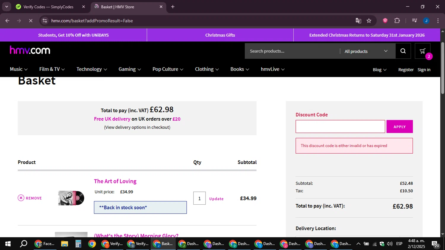 HMV discount code screenshot showing code HIIIDEF20 applied at HMV checkout page. Uploaded by SimplyCodes community member noesmith34ur on Dec 2, 2025
