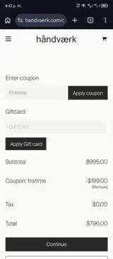 Handvaerk coupon verification screenshot