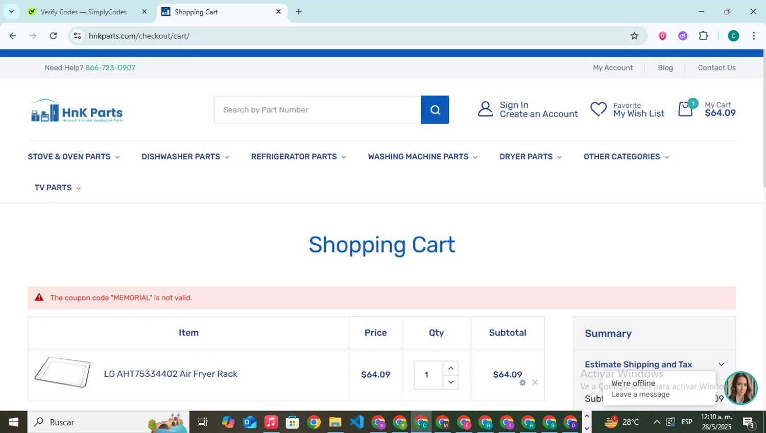 HnK Parts discount code screenshot showing code MEMORIAL applied at HnK Parts checkout page. Uploaded by SimplyCodes community member BonusPilot927 on May 28, 2025