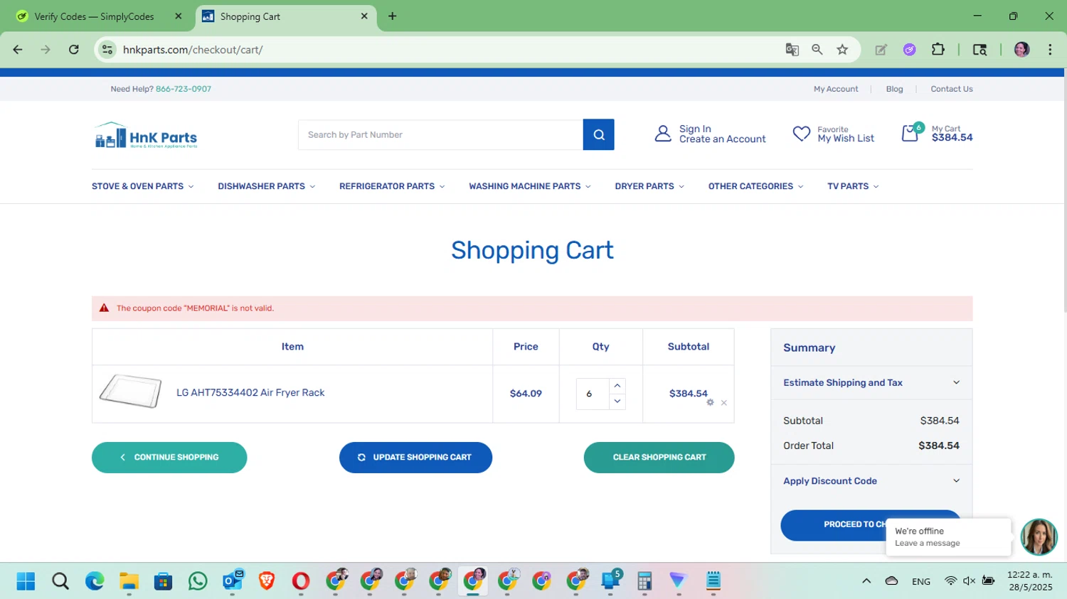 HnK Parts discount code screenshot showing code MEMORIAL applied at HnK Parts checkout page. Uploaded by SimplyCodes community member Mari_perez on May 28, 2025