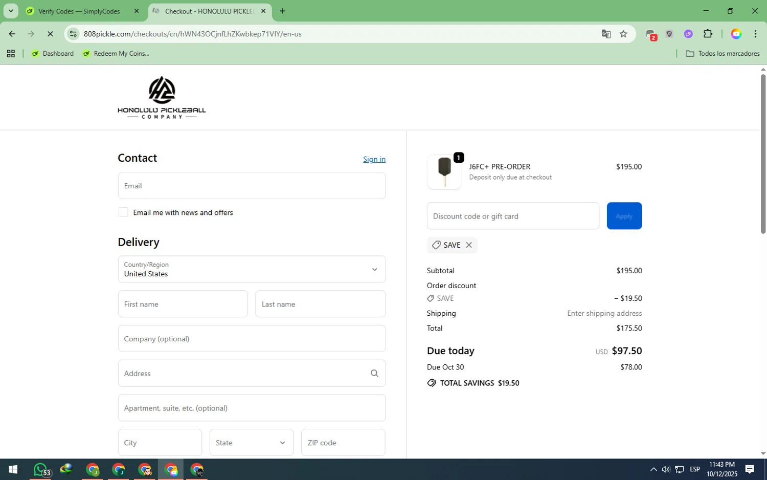 Honolulu Pickleball Company discount code screenshot showing code SAVE applied at Honolulu Pickleball Company checkout page. Uploaded by SimplyCodes community member EpicTiger3556 on Oct 13, 2025