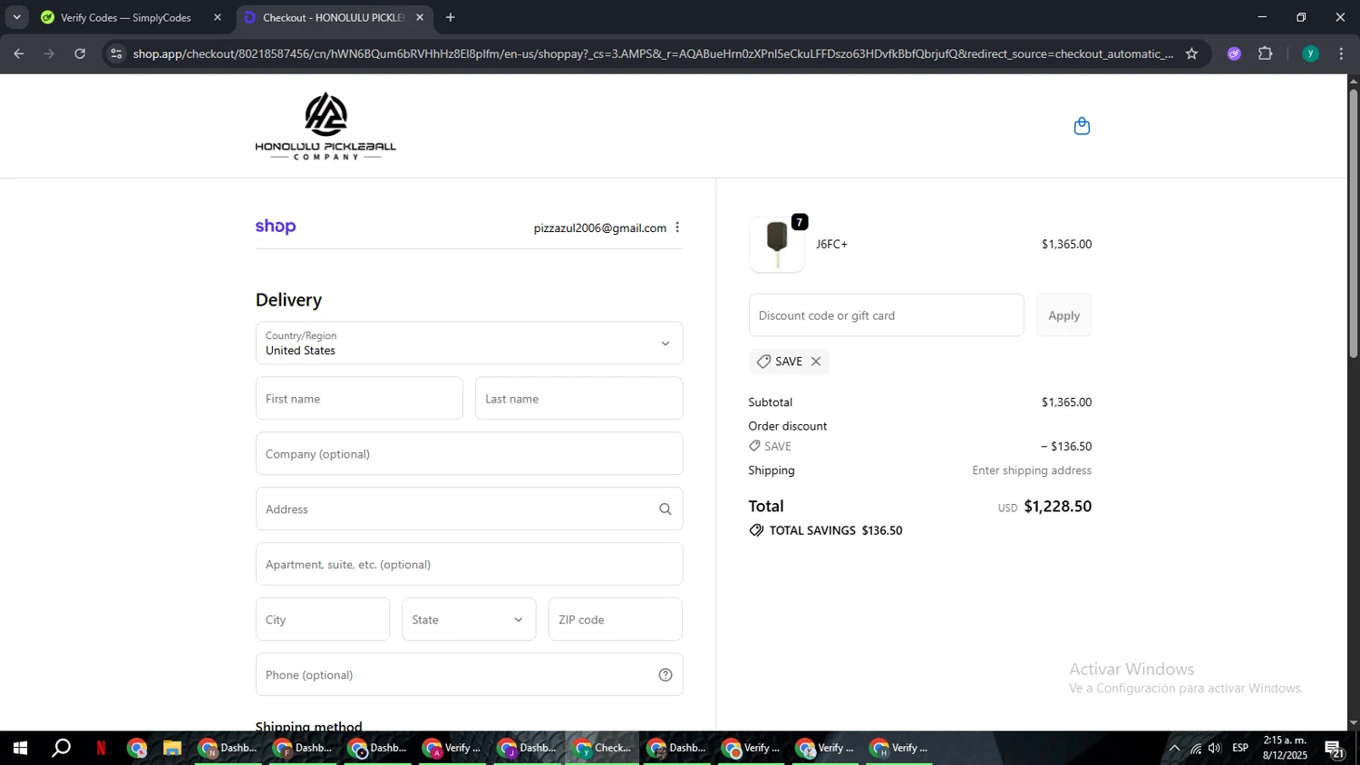 Honolulu Pickleball Company discount code screenshot showing code SAVE applied at Honolulu Pickleball Company checkout page. Uploaded by SimplyCodes community member FrugalCaptain6906 on Dec 8, 2025