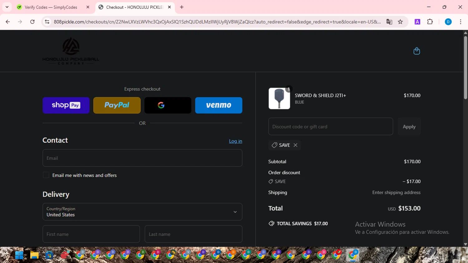 Honolulu Pickleball Company discount code screenshot showing code SAVE applied at Honolulu Pickleball Company checkout page. Uploaded by SimplyCodes community member saltediosteve on May 1, 2025