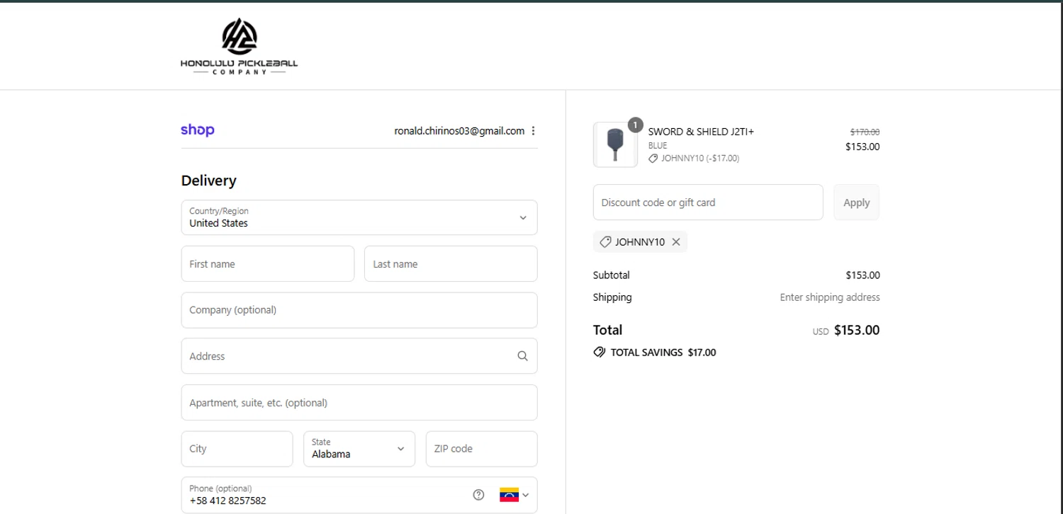 Honolulu Pickleball Company discount code screenshot showing code JOHNNY10 applied at Honolulu Pickleball Company checkout page. Uploaded by SimplyCodes community member BrilliantTitan7739 on Sep 2, 2025