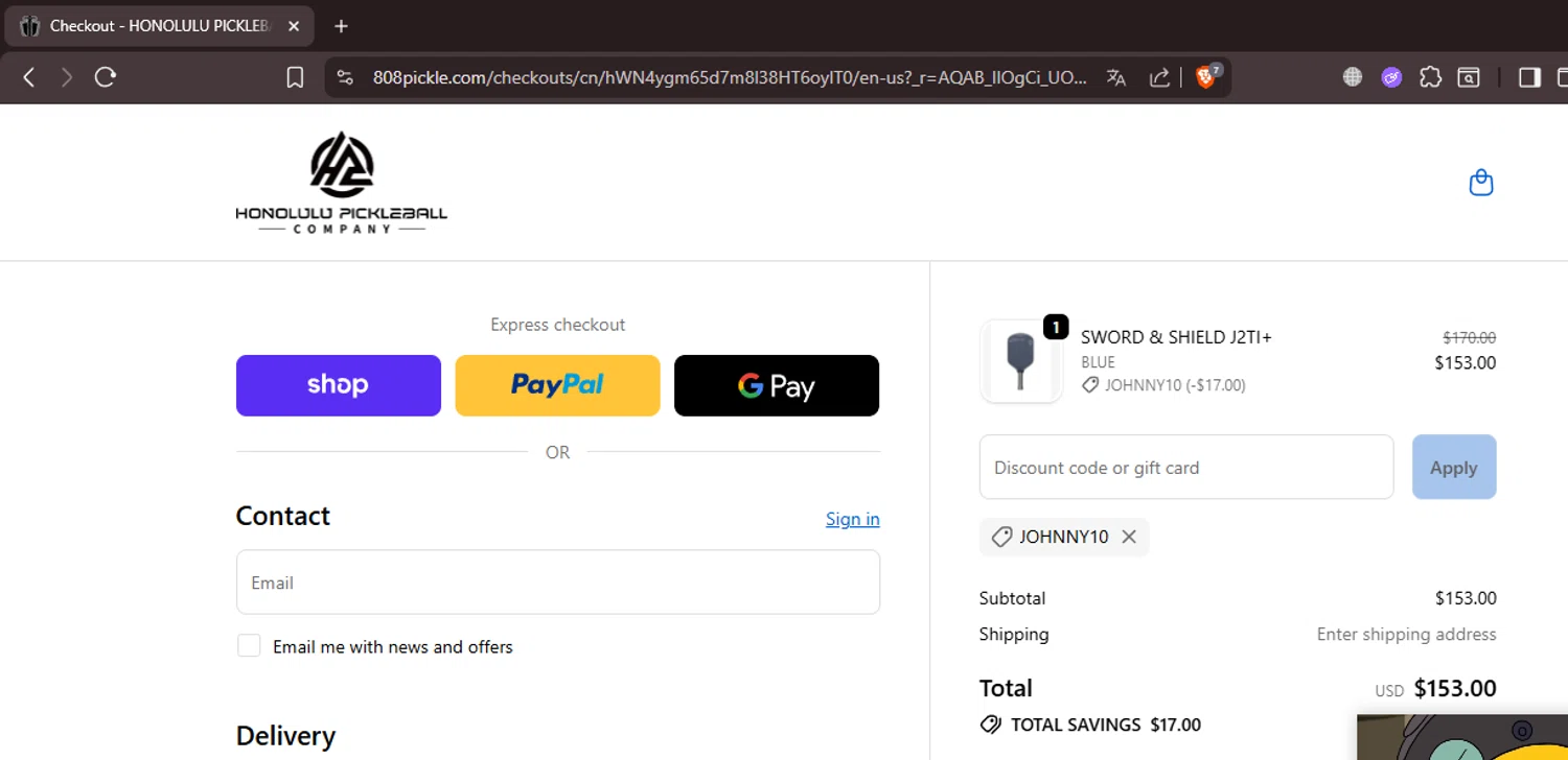 Honolulu Pickleball Company discount code screenshot showing code JOHNNY10 applied at Honolulu Pickleball Company checkout page. Uploaded by SimplyCodes community member CleverMaven9571 on Nov 6, 2025