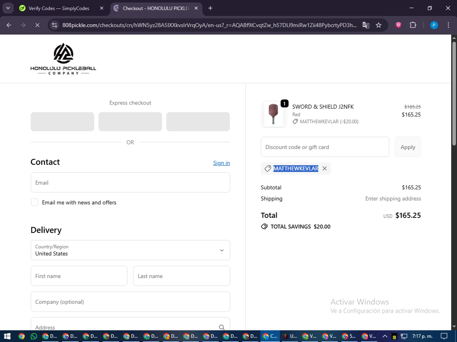 Honolulu Pickleball Company discount code screenshot showing code MATTHEWKEVLAR applied at Honolulu Pickleball Company checkout page. Uploaded by SimplyCodes community member juiceWRLD on Dec 2, 2025