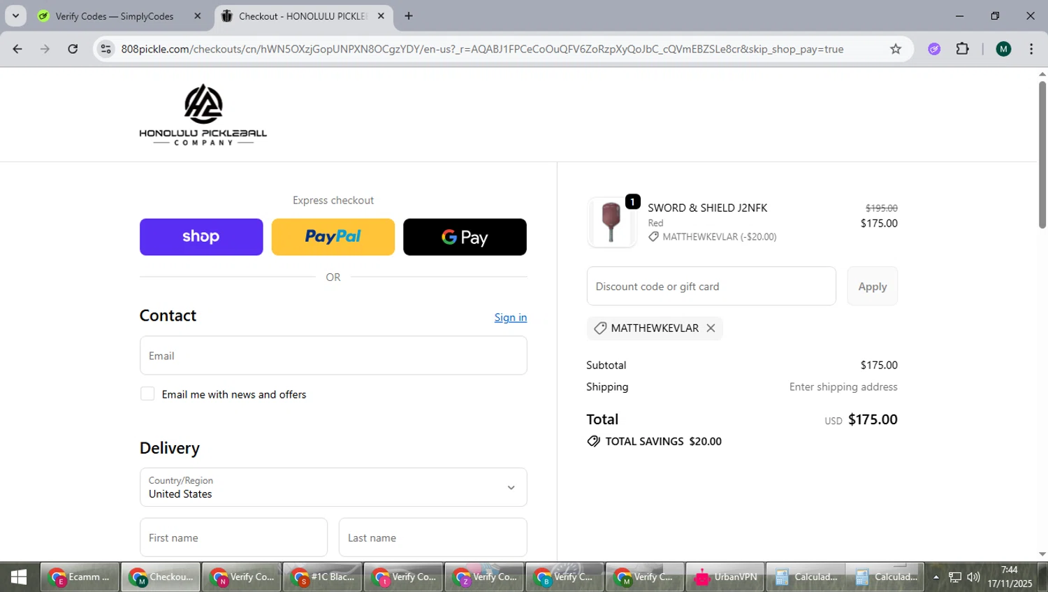 Honolulu Pickleball Company discount code screenshot showing code MATTHEWKEVLAR applied at Honolulu Pickleball Company checkout page. Uploaded by SimplyCodes community member suieeloves on Nov 17, 2025
