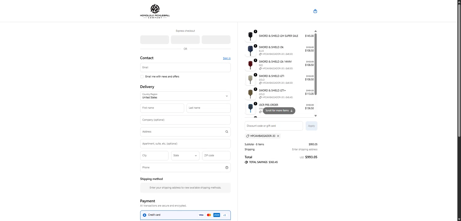 Honolulu Pickleball Company discount code screenshot showing code HPCAMBASSADOR-30 applied at Honolulu Pickleball Company checkout page. Uploaded by SimplyCodes community member TokenFalcon7462 on Feb 12, 2026