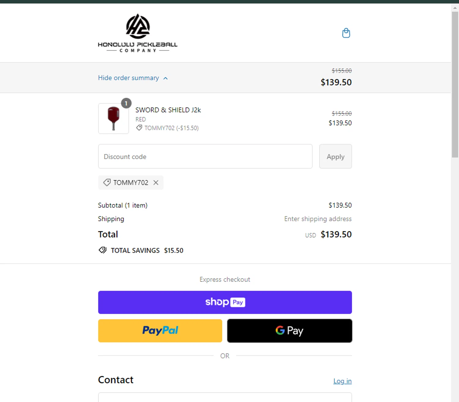 Honolulu Pickleball Company discount code screenshot showing code TOMMY702 applied at Honolulu Pickleball Company checkout page. Uploaded by SimplyCodes community member LuckyShopper9694 on Sep 16, 2024