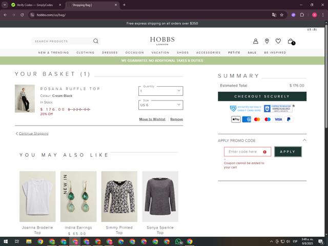 Hobbs checkout page showing Hobbs discount code box | Screenshot taken by SimplyCodes community member on Aug 9, 2025