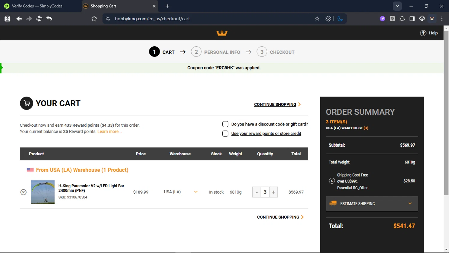 Hobby King promo code screenshot showing code ERC5HK applied at Hobby King checkout page. Uploaded by SimplyCodes community member USER_RANDON on Jan 28, 2026