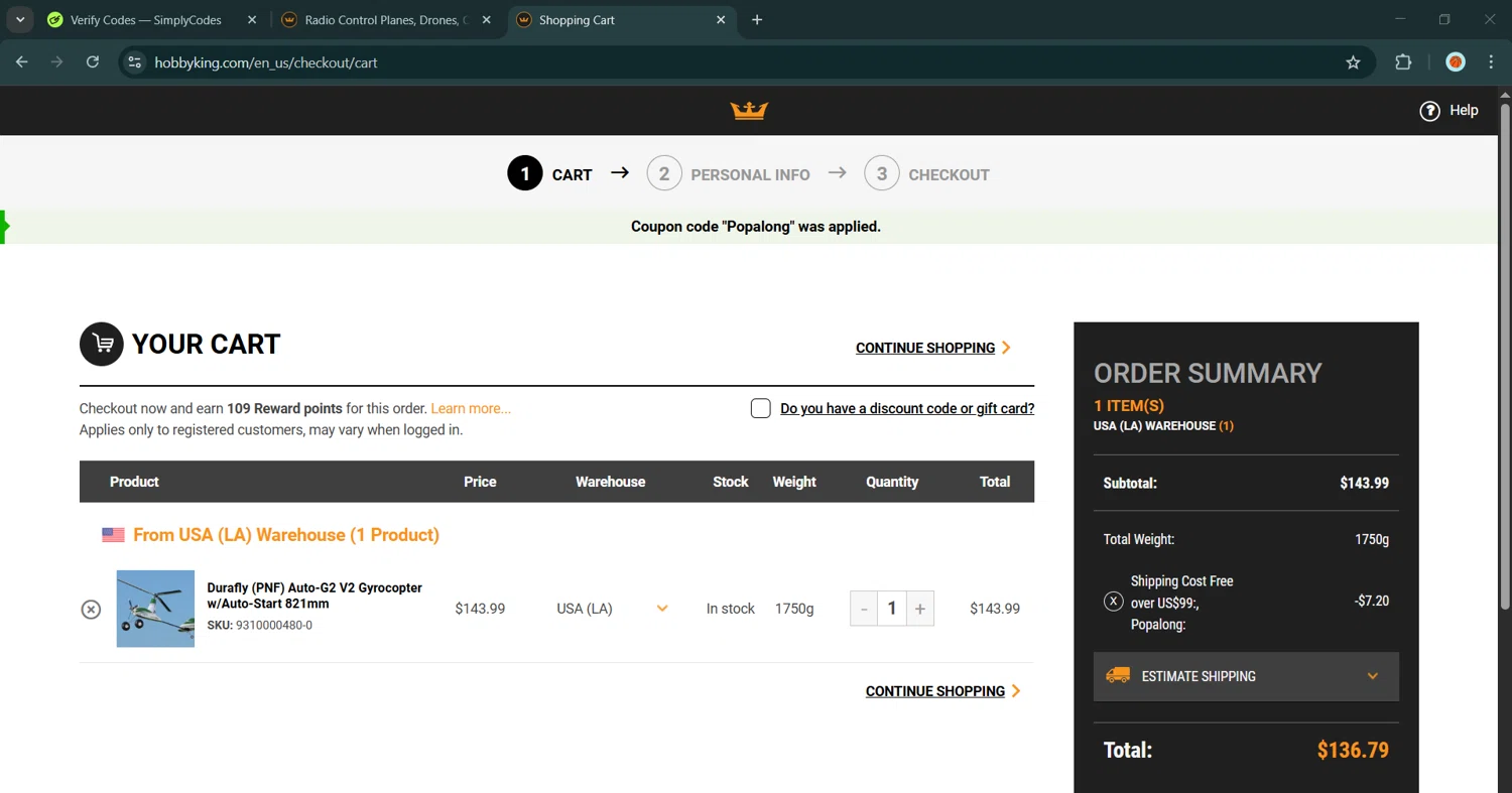 Hobby King promo code screenshot showing code Popalong applied at Hobby King checkout page. Uploaded by SimplyCodes community member MadaraUchiha07 on Feb 11, 2026