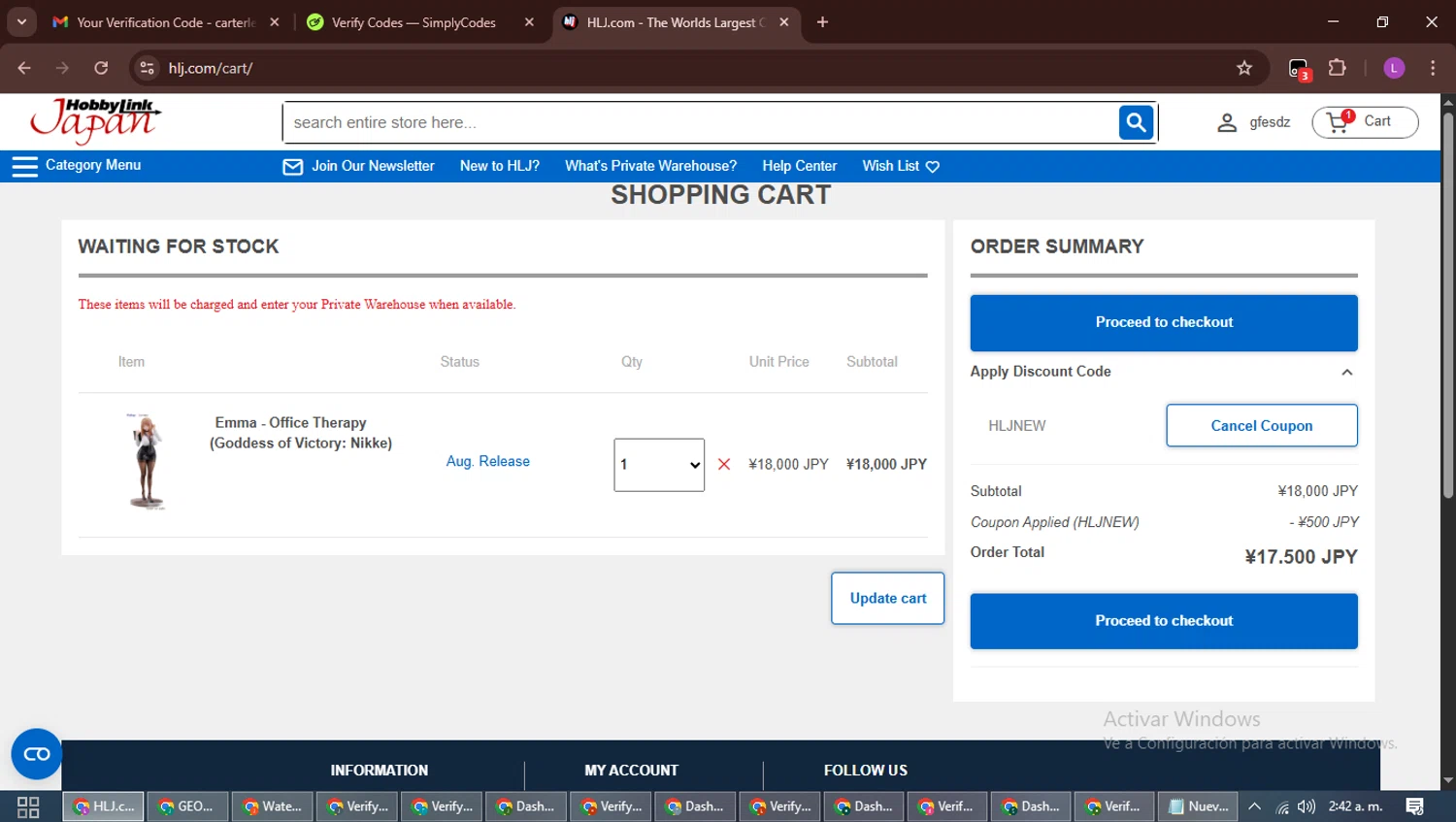 HobbyLink Japan discount code screenshot showing code HLJNEW applied at HobbyLink Japan checkout page. Uploaded by SimplyCodes community member RewardScout5160 on Nov 29, 2025