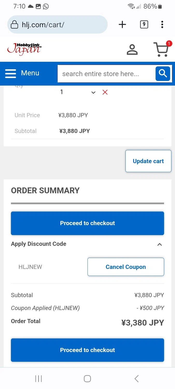 HobbyLink Japan discount code screenshot showing code HLJNEW applied at HobbyLink Japan checkout page. Uploaded by SimplyCodes community member ScanMaverick9378 on Nov 14, 2025