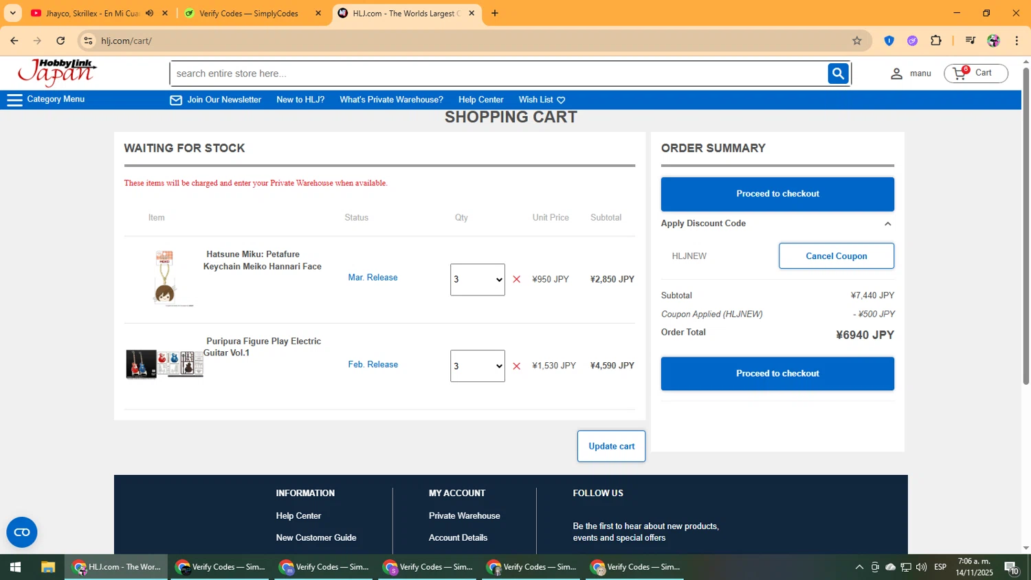 HobbyLink Japan discount code screenshot showing code HLJNEW applied at HobbyLink Japan checkout page. Uploaded by SimplyCodes community member Vanmanuel on Nov 14, 2025
