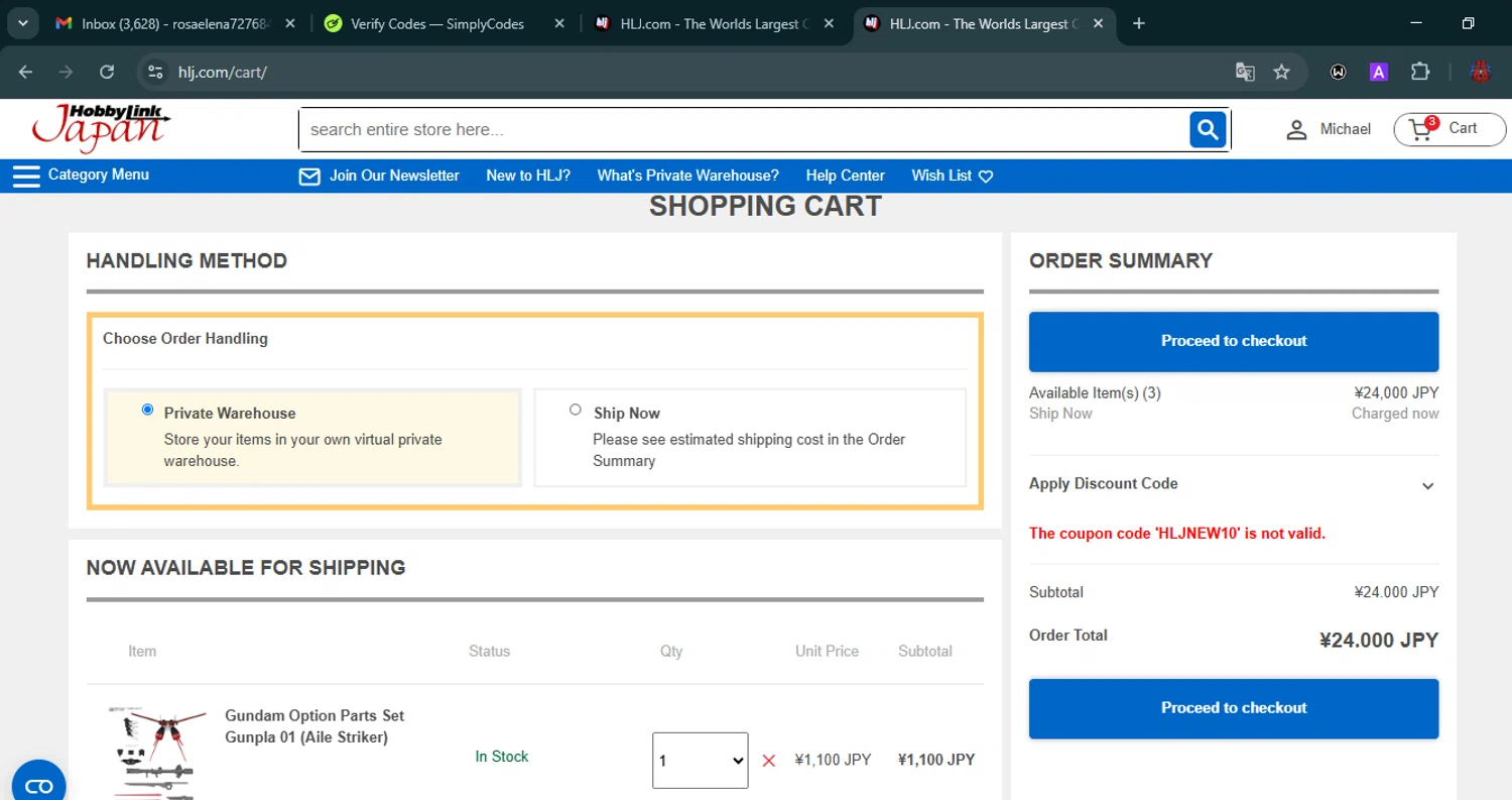 HobbyLink Japan discount code screenshot showing code HLJNEW10 applied at HobbyLink Japan checkout page. Uploaded by SimplyCodes community member VoucherHero6322 on Nov 5, 2025