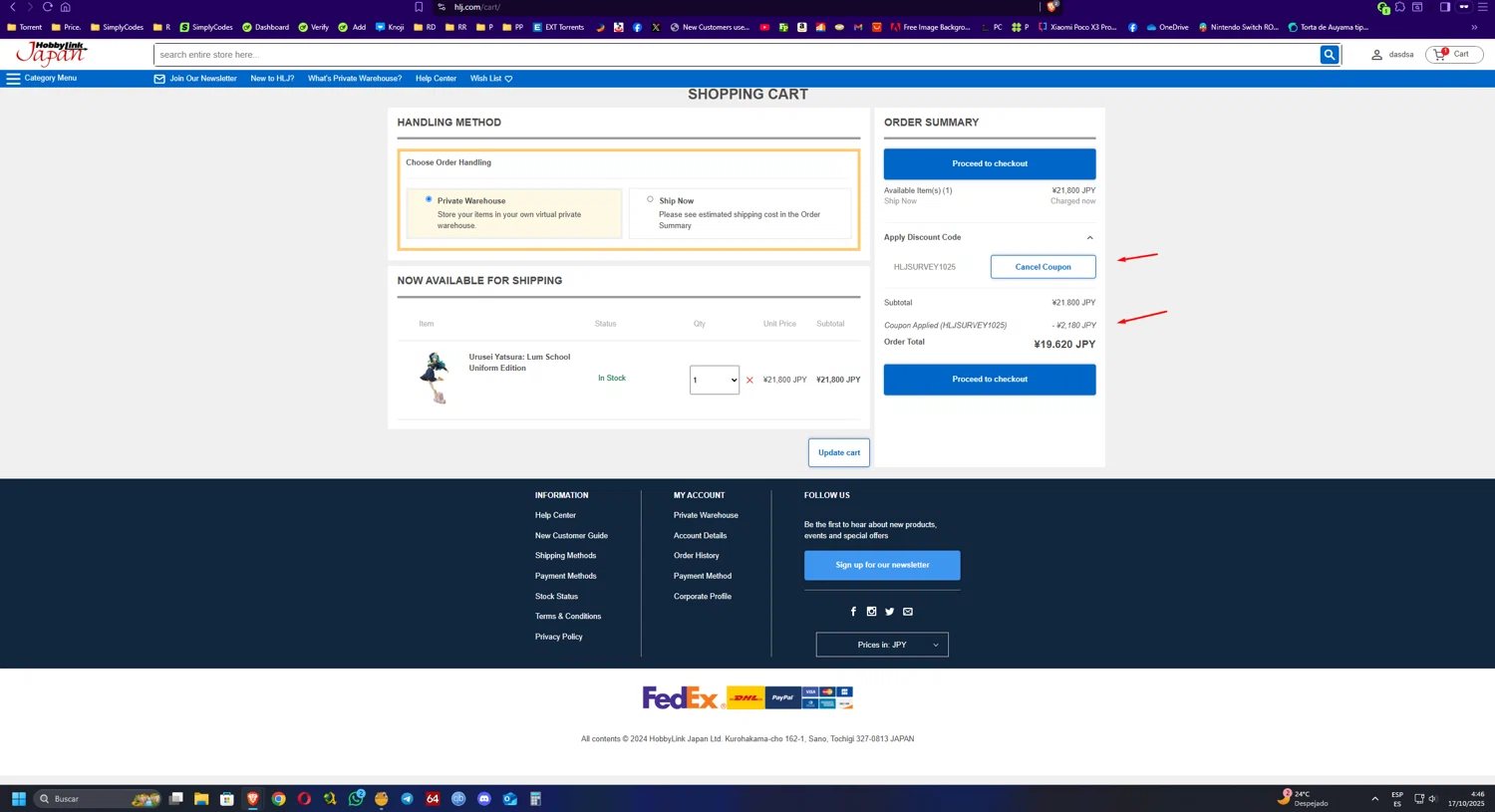 HobbyLink Japan discount code screenshot showing code HLJSURVEY1025 applied at HobbyLink Japan checkout page. Uploaded by SimplyCodes community member UnkNownVnzla on Oct 17, 2025