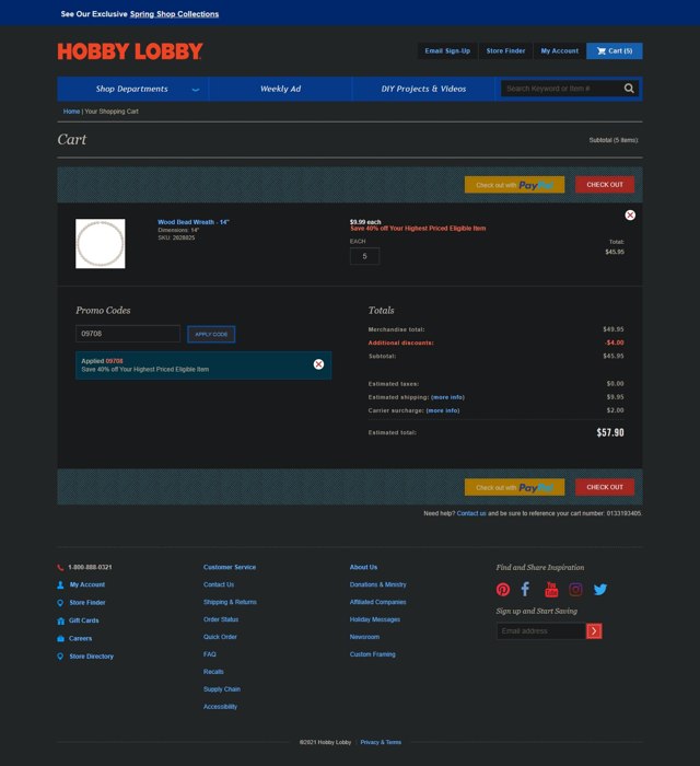 Hobby Lobby checkout page showing Hobby Lobby coupon code box | Screenshot taken by SimplyCodes community member on Apr 29, 2021