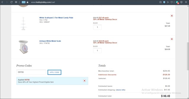 Hobby Lobby checkout page showing Hobby Lobby coupon code box | Screenshot taken by SimplyCodes community member on Apr 28, 2021