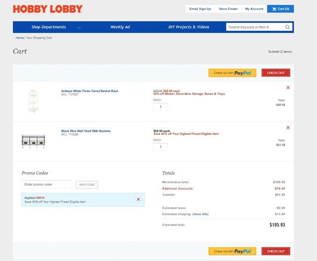 Hobby Lobby checkout page showing Hobby Lobby coupon code box | Screenshot taken by SimplyCodes community member on May 12, 2021