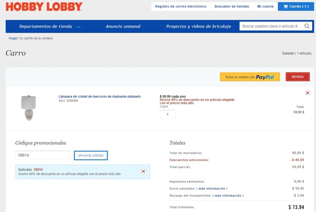Hobby Lobby checkout page showing Hobby Lobby coupon code box | Screenshot taken by SimplyCodes community member on Apr 5, 2021