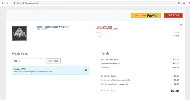 Hobby Lobby checkout page showing Hobby Lobby coupon code box | Screenshot taken by SimplyCodes community member on Apr 20, 2021