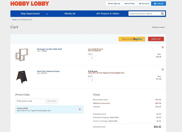 Hobby Lobby checkout page showing Hobby Lobby coupon code box | Screenshot taken by SimplyCodes community member on Jun 1, 2021