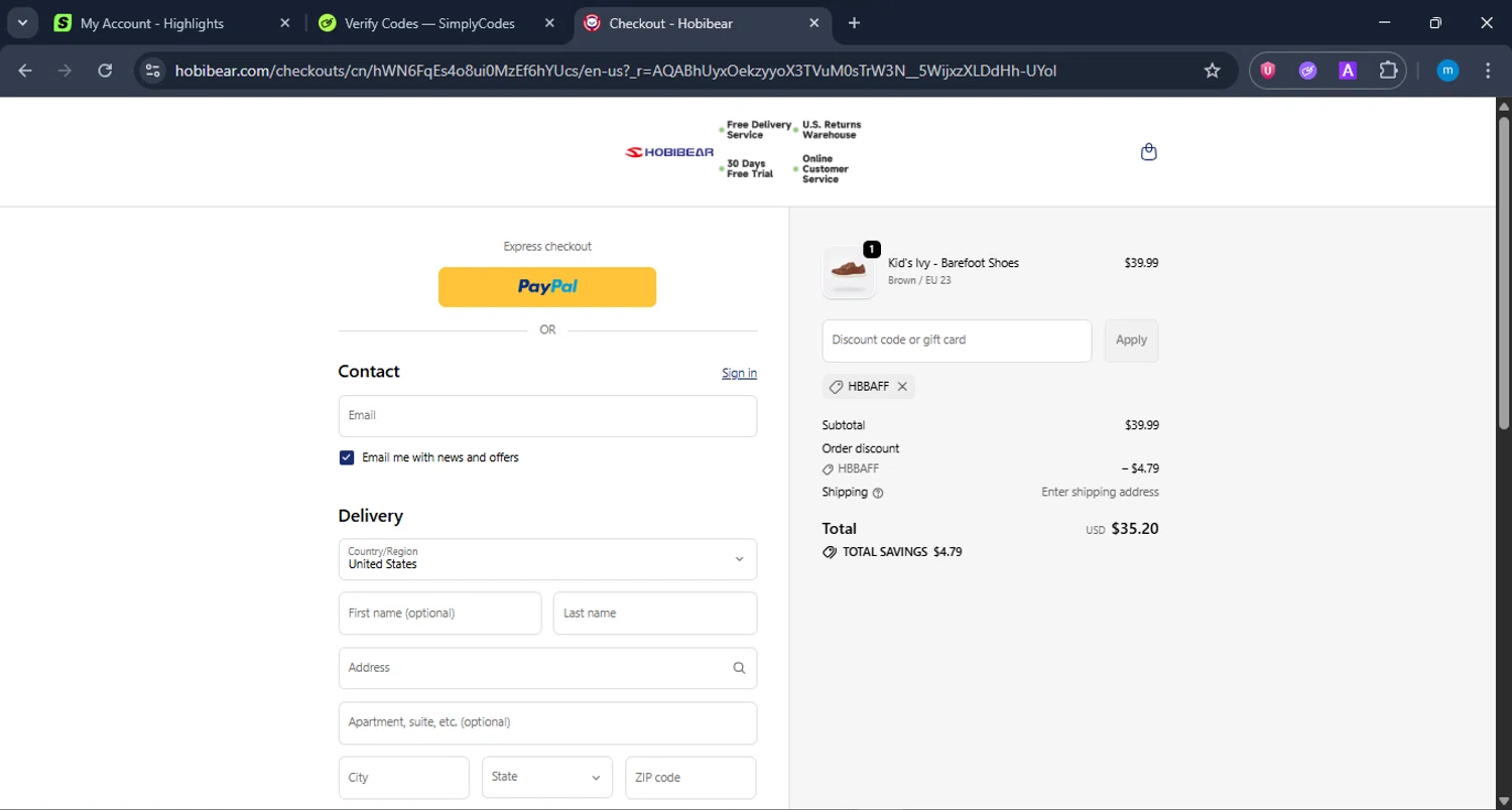 Hobibear discount code screenshot showing code HBBAFF applied at Hobibear checkout page. Uploaded by SimplyCodes community member LuckyWarden9122 on Dec 10, 2025