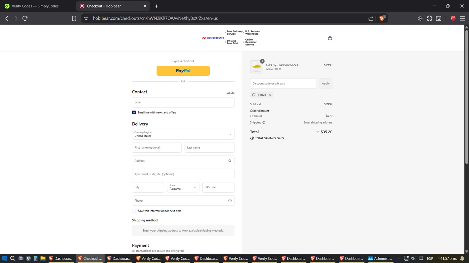 Hobibear discount code screenshot showing code HBBAFF applied at Hobibear checkout page. Uploaded by SimplyCodes community member verifier_983798000 on Sep 7, 2025