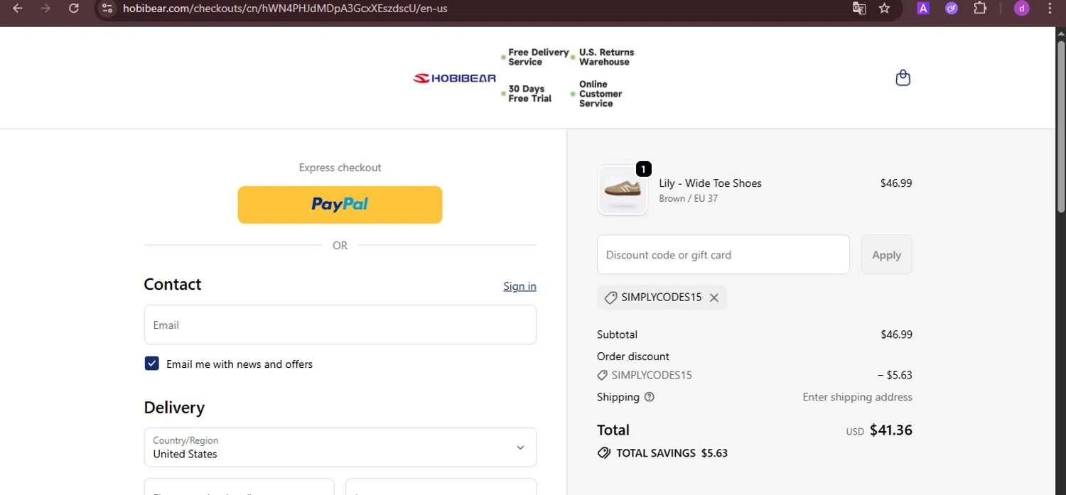 Hobibear discount code screenshot showing code SIMPLYCODES15 applied at Hobibear checkout page. Uploaded by SimplyCodes community member PennyTiger4891 on Oct 22, 2025