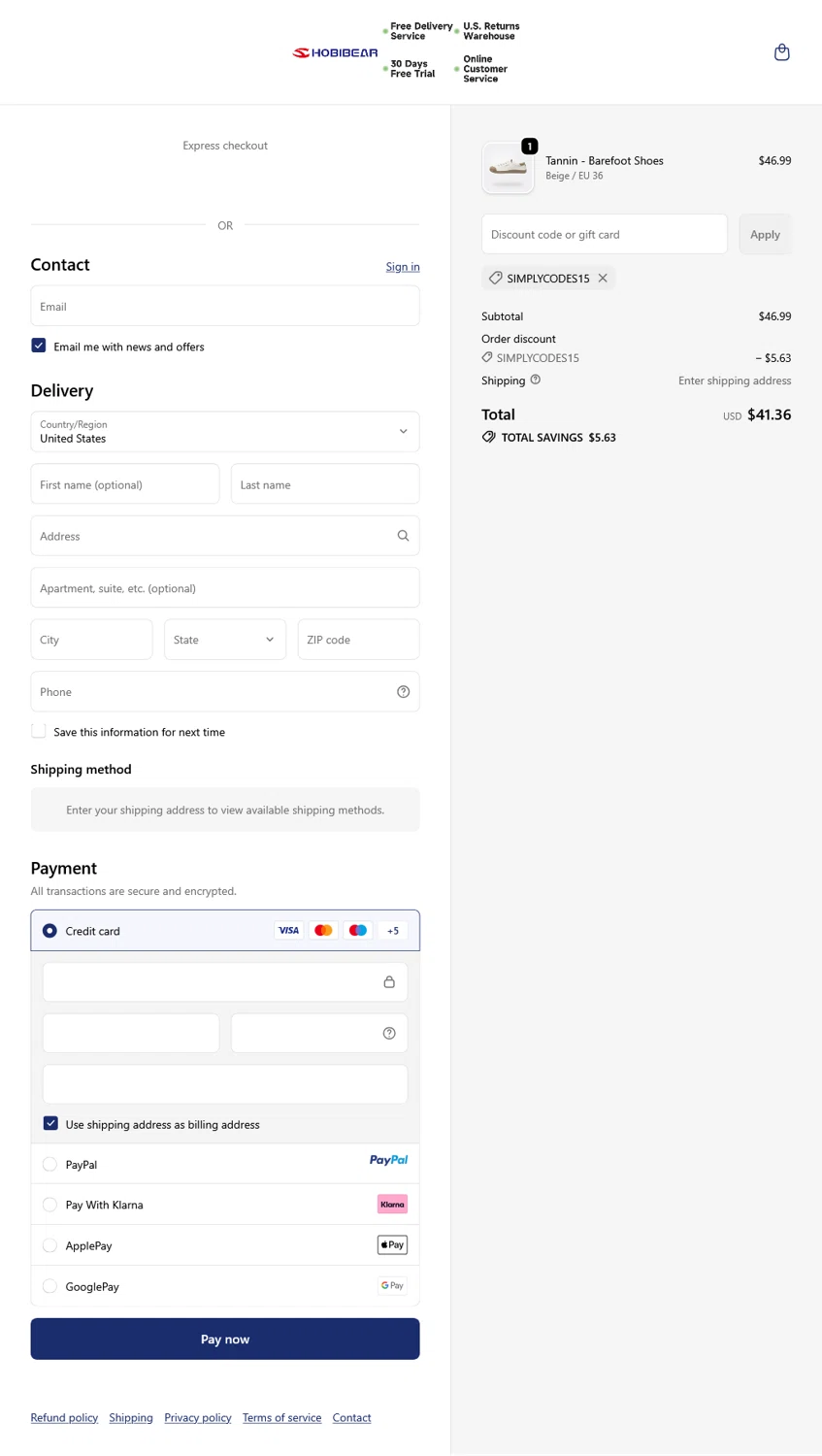 Hobibear discount code screenshot showing code SIMPLYCODES15 applied at Hobibear checkout page. Uploaded by SimplyCodes community member WladimirV on Oct 14, 2025