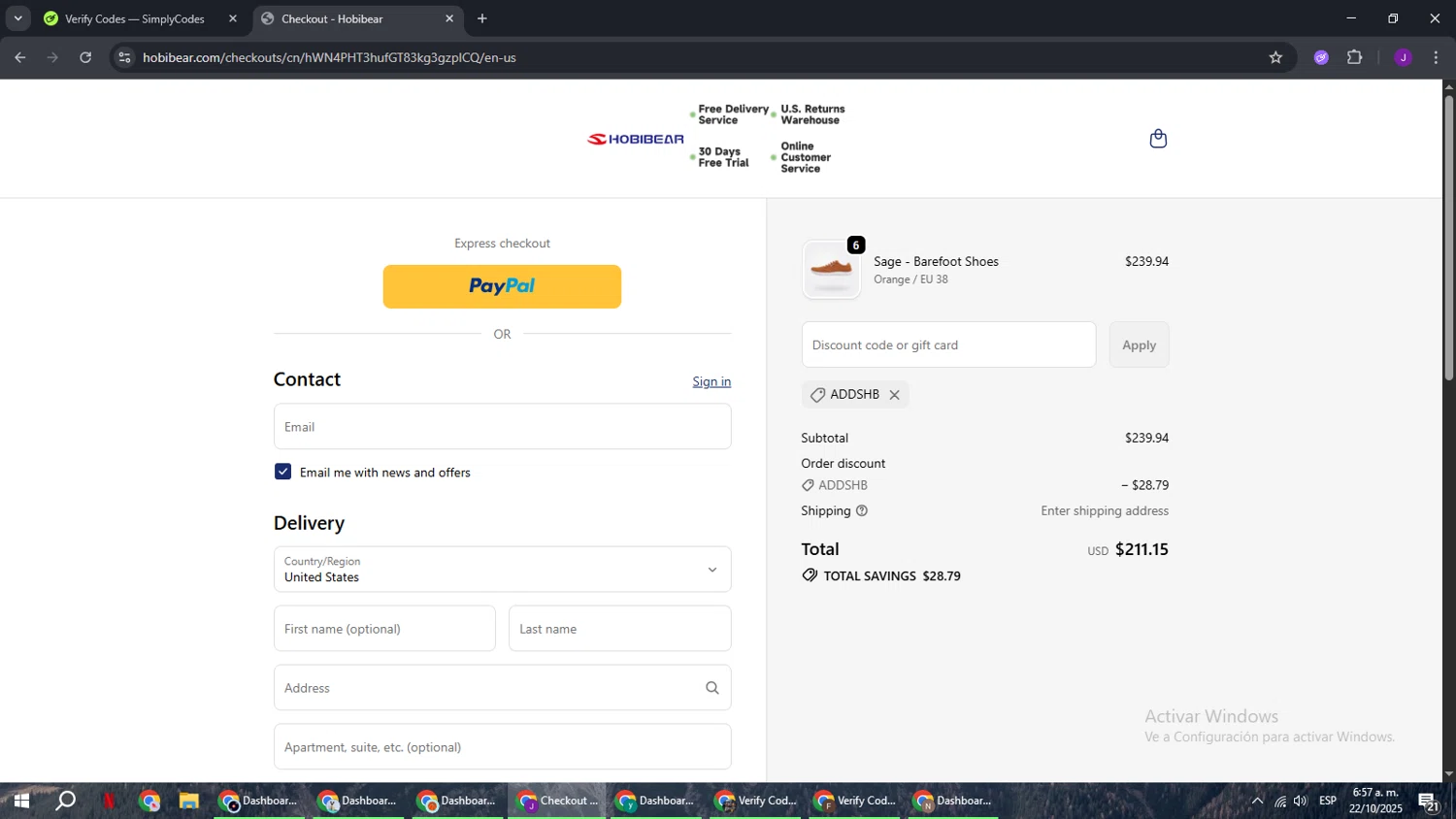 Hobibear discount code screenshot showing code ADDSHB applied at Hobibear checkout page. Uploaded by SimplyCodes community member ComeBurra123 on Oct 22, 2025