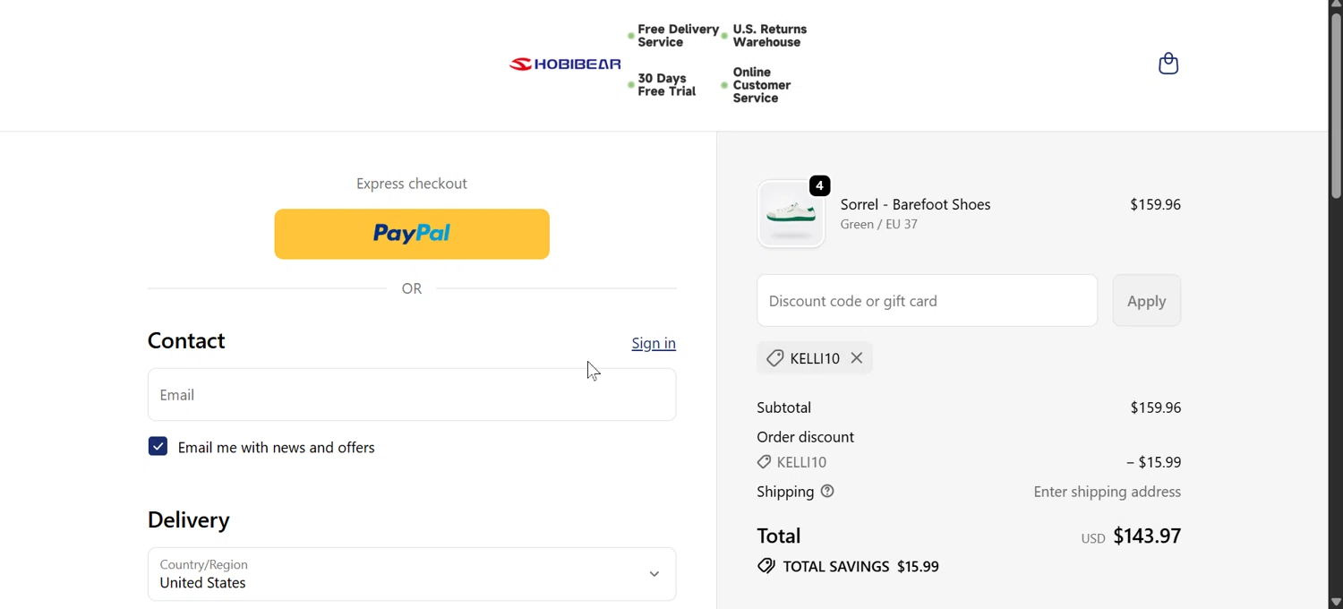 Hobibear discount code screenshot showing code Kelli10 applied at Hobibear checkout page. Uploaded by SimplyCodes community member jenifer on Dec 4, 2025