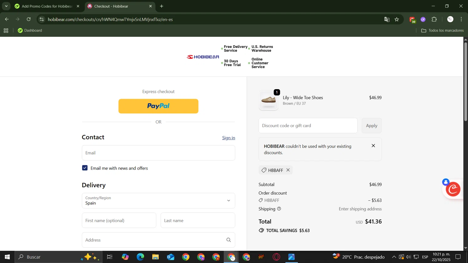 Hobibear discount code screenshot showing code HOBIBEAR applied at Hobibear checkout page. Uploaded by SimplyCodes community member ScanSage643 on Oct 23, 2025