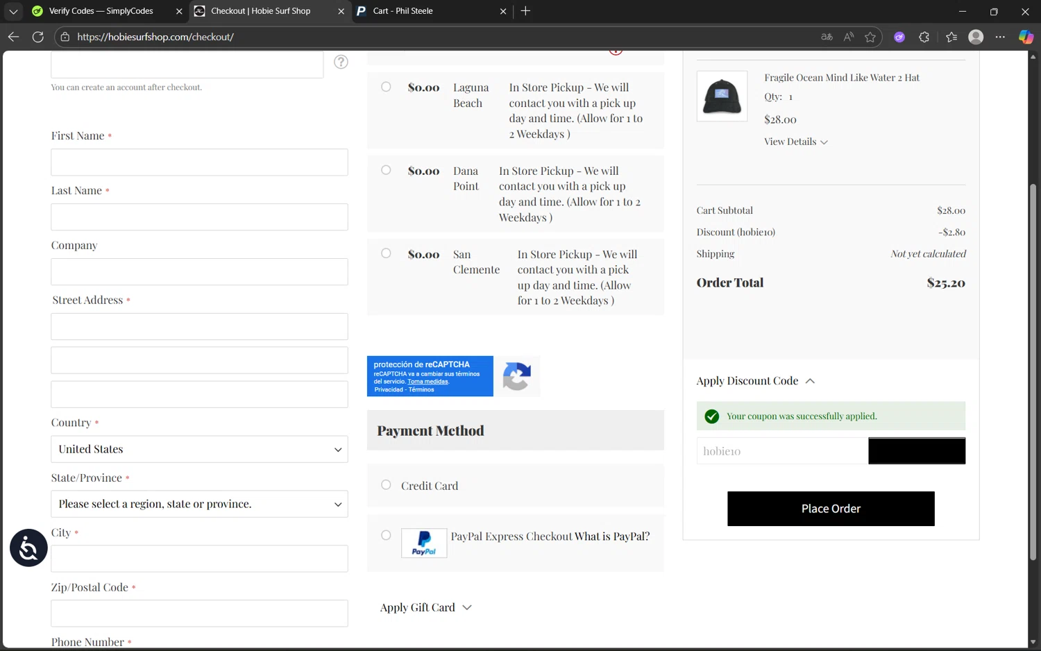 Hobie Surf Shop discount code screenshot showing code hobie10 applied at Hobie Surf Shop checkout page. Uploaded by SimplyCodes community member Yuyu12 on Nov 8, 2025