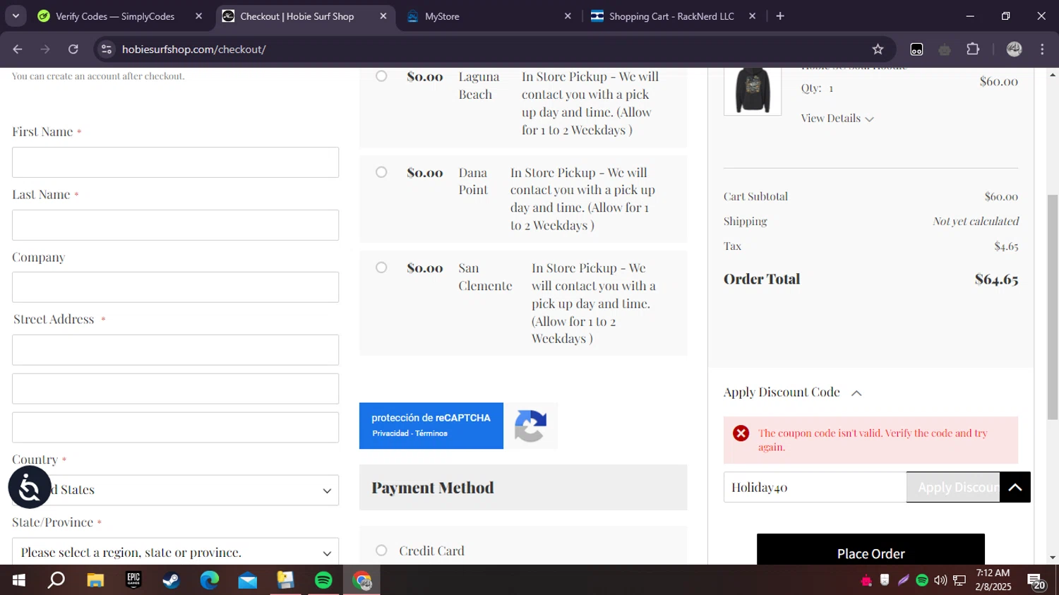 Hobie Surf Shop discount code screenshot showing code Holiday40 applied at Hobie Surf Shop checkout page. Uploaded by SimplyCodes community member fghfgefds2 on Feb 8, 2025