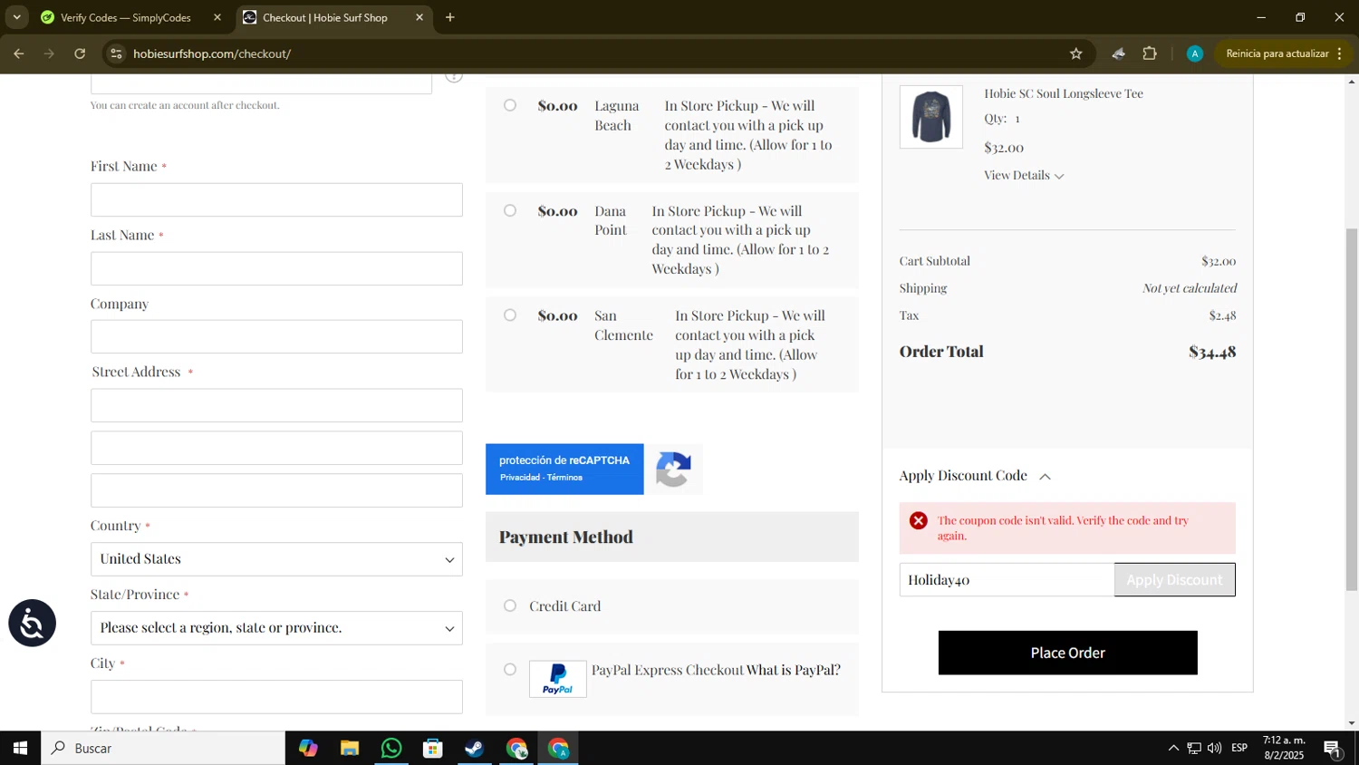 Hobie Surf Shop discount code screenshot showing code Holiday40 applied at Hobie Surf Shop checkout page. Uploaded by SimplyCodes community member Blackmesa on Feb 8, 2025