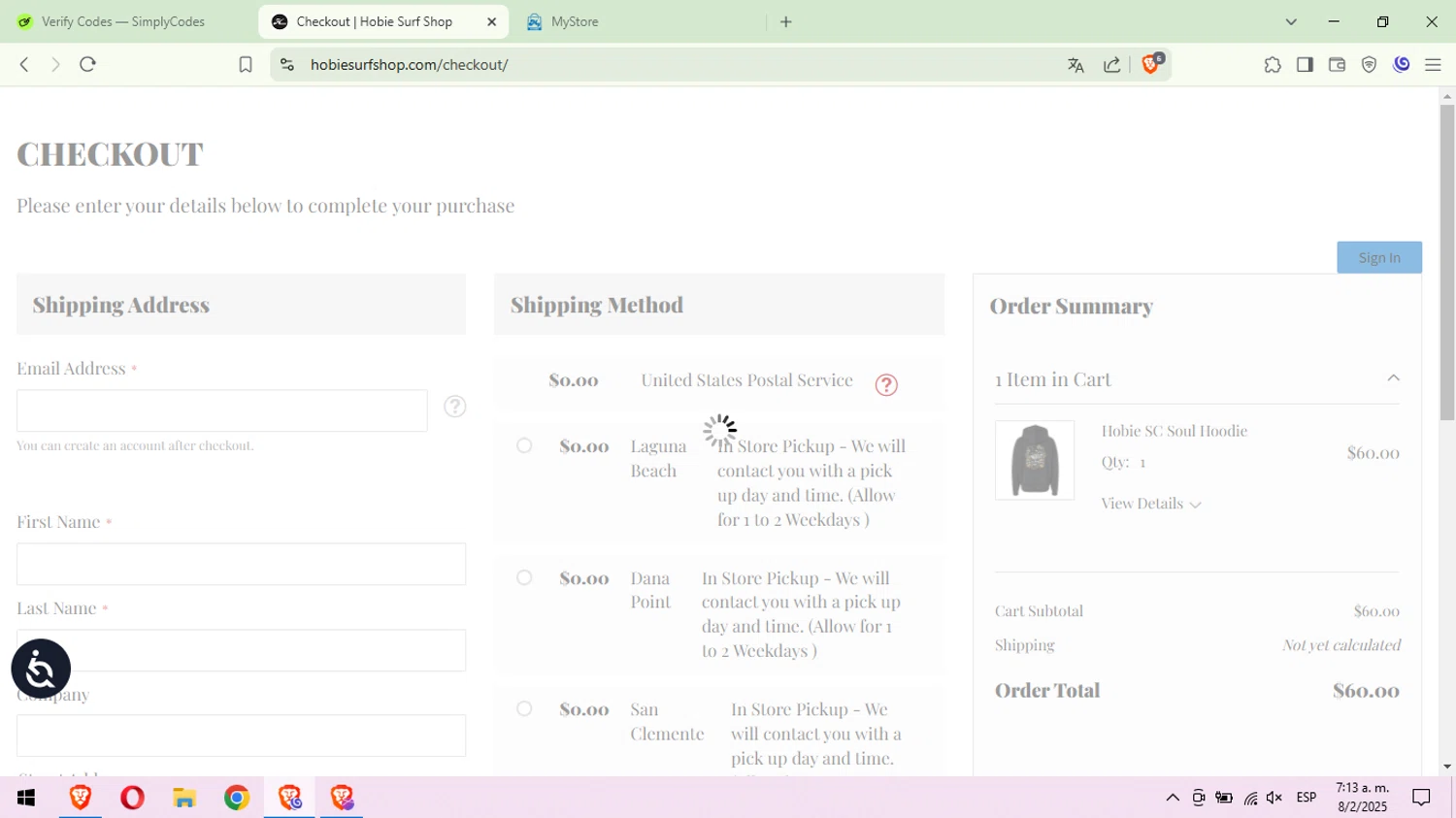 Hobie Surf Shop discount code screenshot showing code Holiday40 applied at Hobie Surf Shop checkout page. Uploaded by SimplyCodes community member RebateWizard4874 on Feb 8, 2025