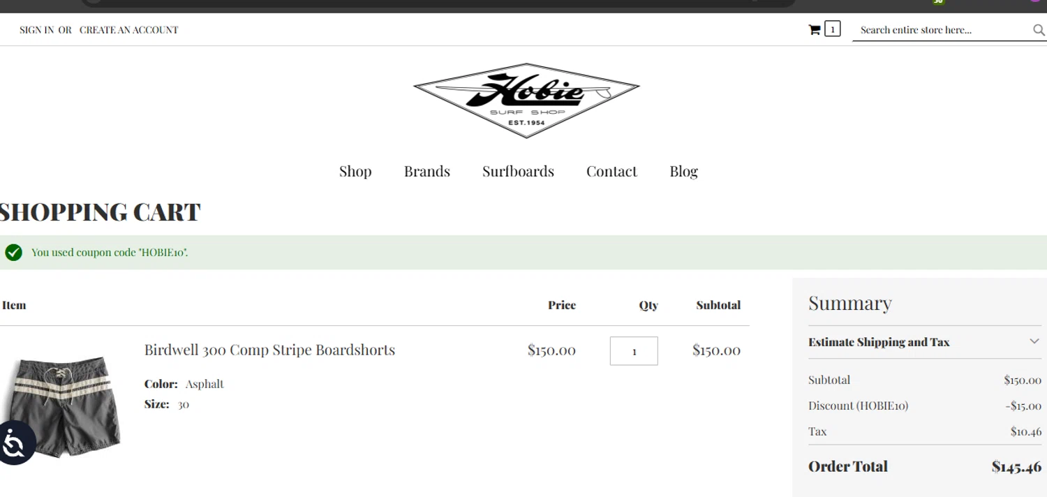 Hobie Surf Shop discount code screenshot showing code HOBIE10 applied at Hobie Surf Shop checkout page. Uploaded by SimplyCodes community member ashe1986 on Jun 21, 2025