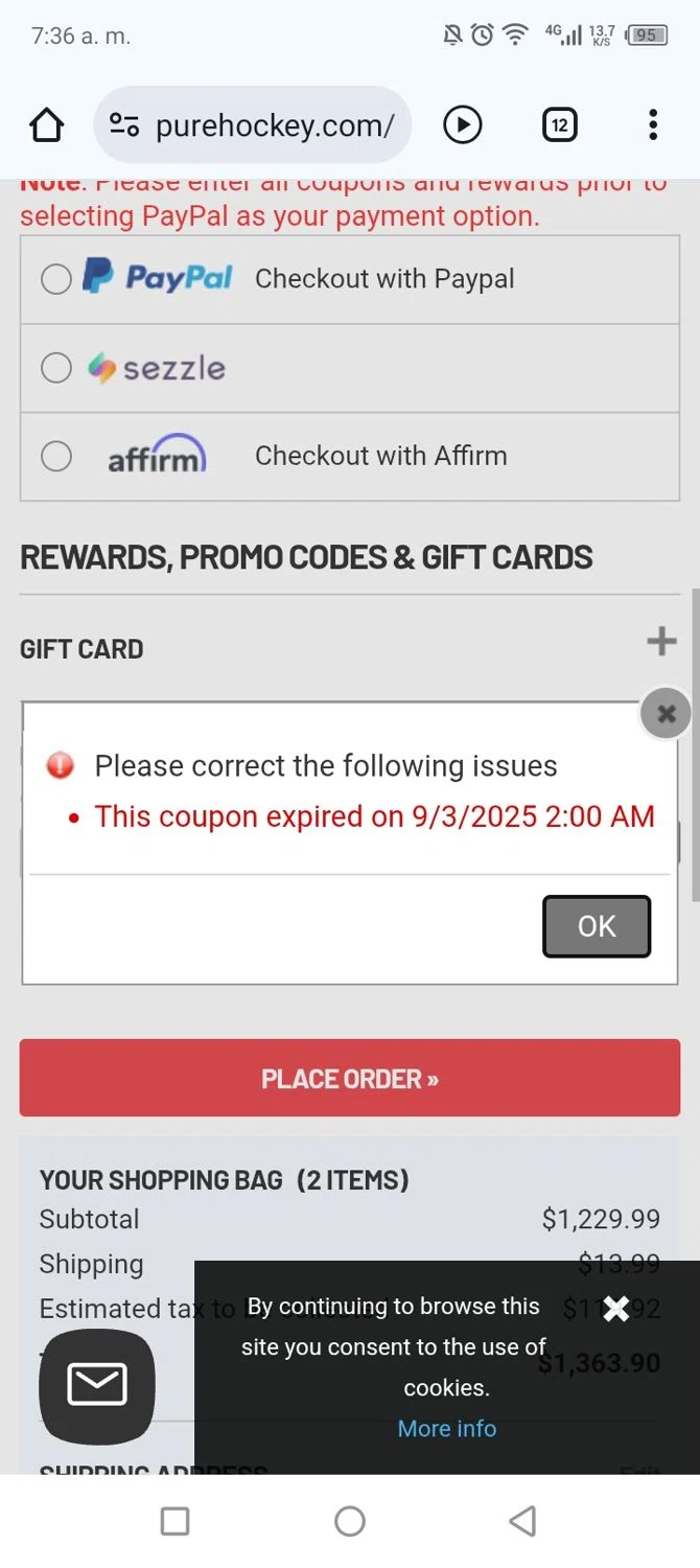 Hockey Giant promo code screenshot showing code 20LDWSAVE applied at Hockey Giant checkout page. Uploaded by SimplyCodes community member couponcheck02 on Sep 25, 2025