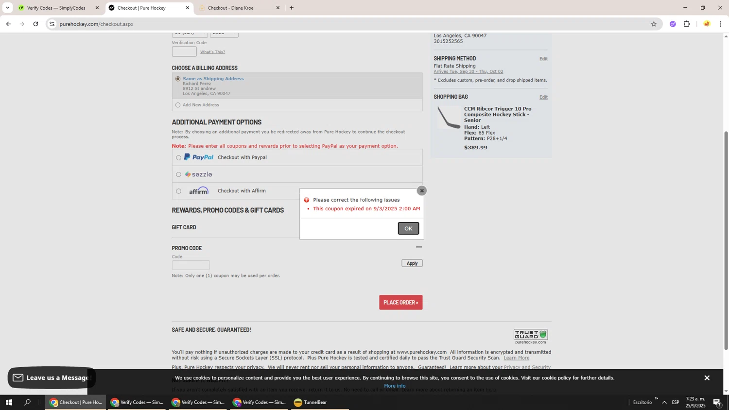 Hockey Giant promo code screenshot showing code 20LDWSAVE applied at Hockey Giant checkout page. Uploaded by SimplyCodes community member Richard251 on Sep 25, 2025