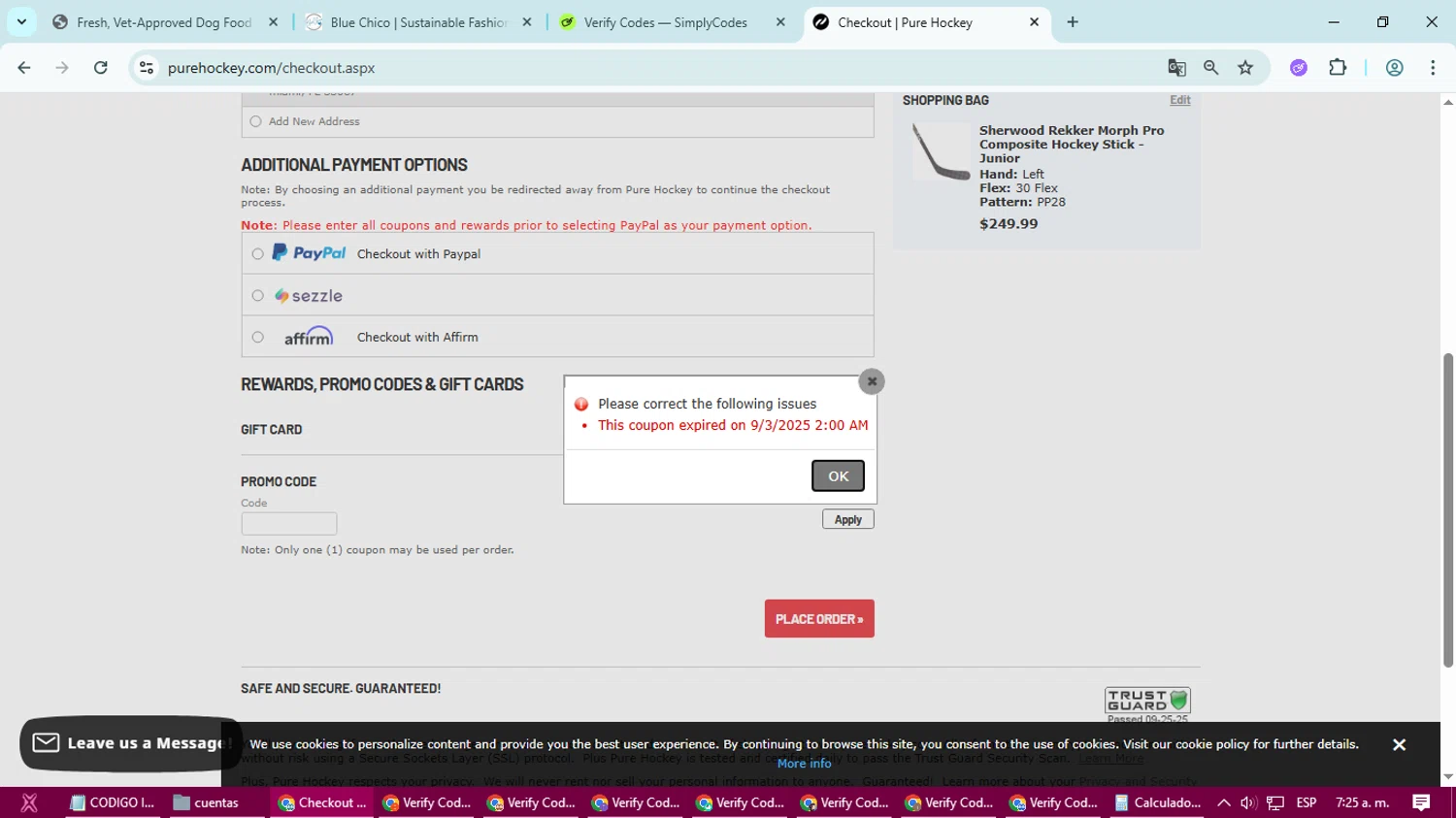 Hockey Giant promo code screenshot showing code 20LDWSAVE applied at Hockey Giant checkout page. Uploaded by SimplyCodes community member Simpsince95 on Sep 25, 2025