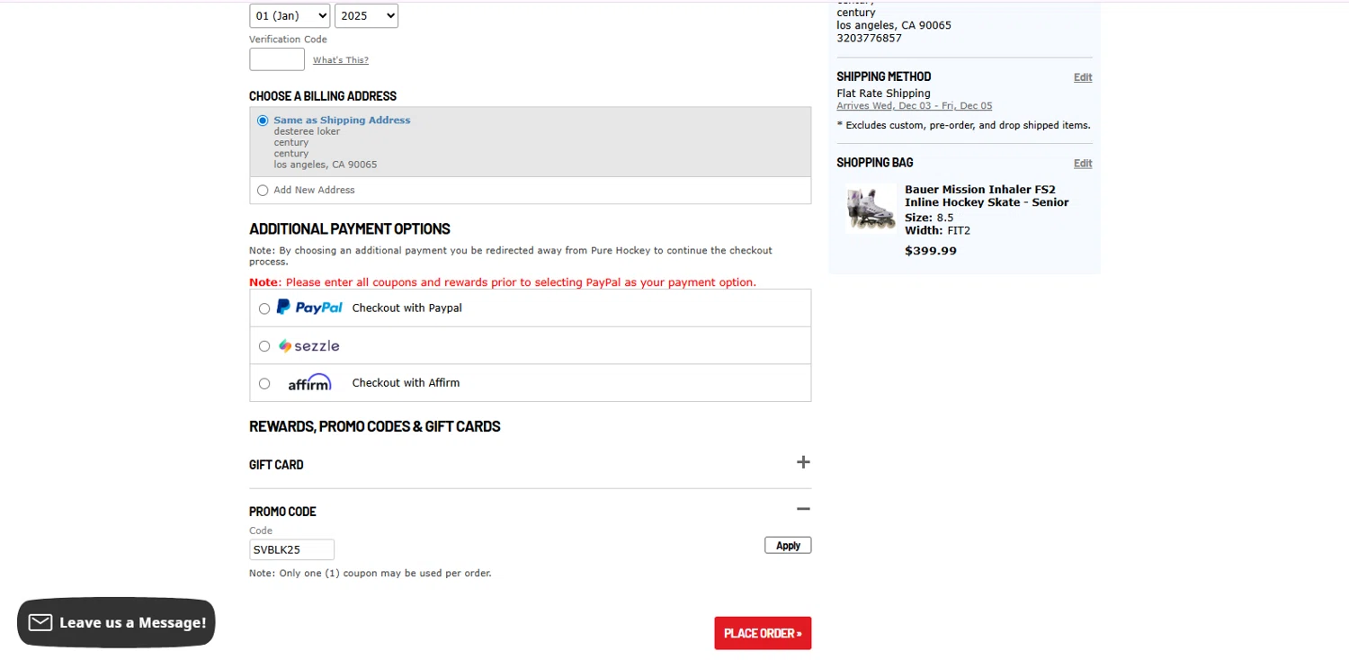 Hockey Giant promo code screenshot showing code SVBLK25 applied at Hockey Giant checkout page. Uploaded by SimplyCodes community member TOTONEROFL on Nov 27, 2025